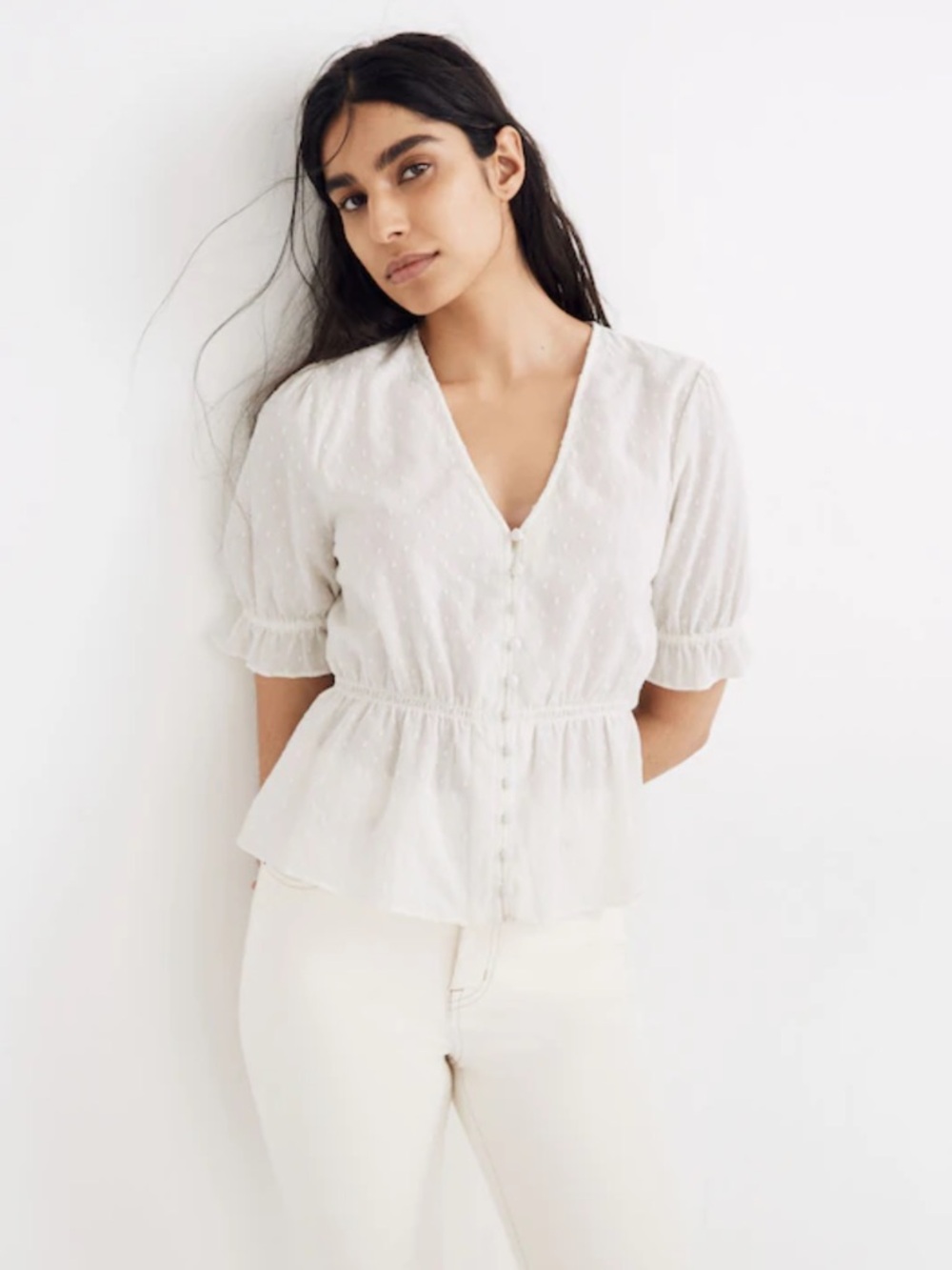 Madewell V-Neck Peplum Popover Top in Clipdot size M